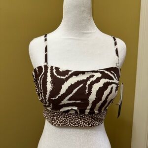 La Blanca Brown White Zebra Print‎ Crop Top Swimsuit Tie Back New Size 8